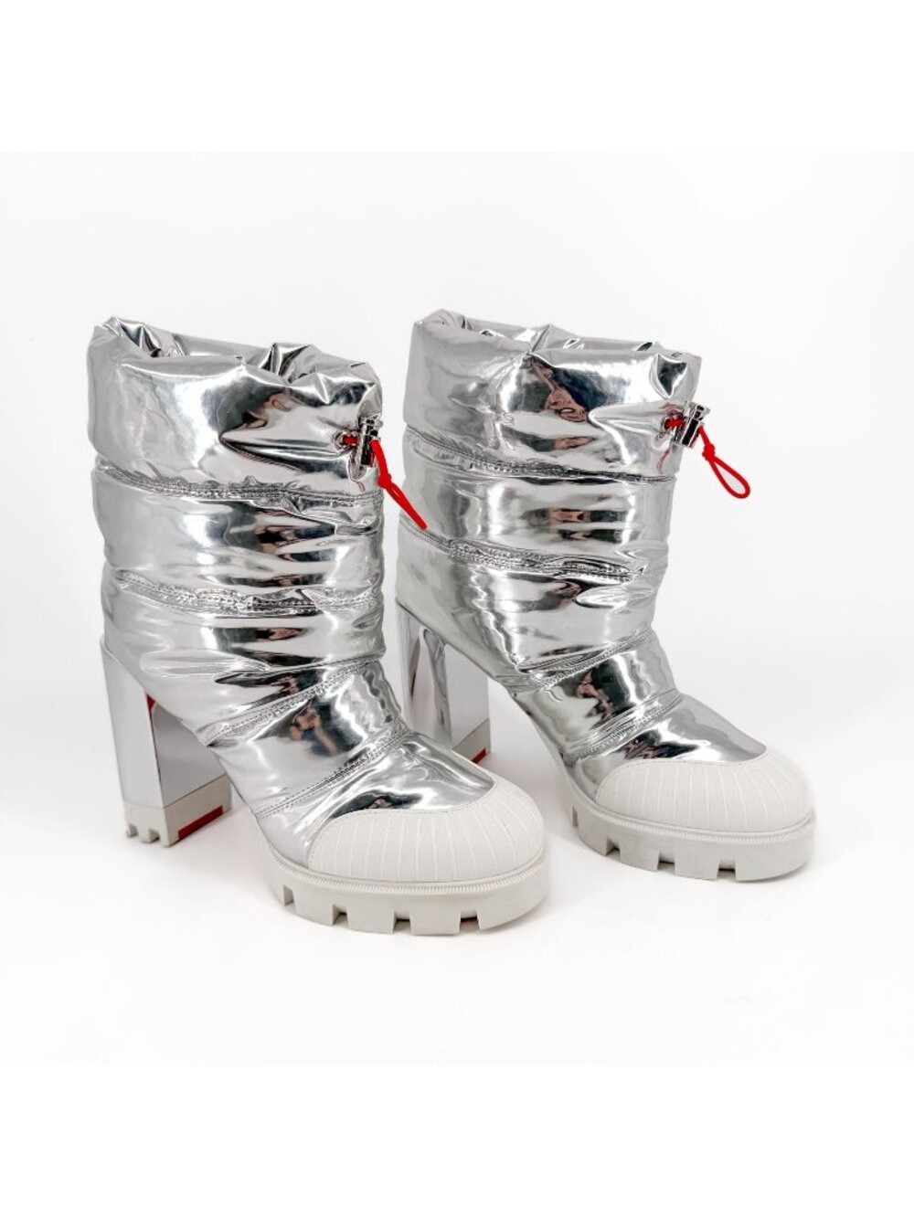Christian Louboutin Oriona Lug Puffer Boots Metallic Silver Size 38 US 8 Women’s